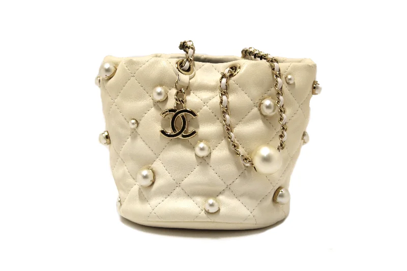 Chanel All - Match Handbag for Versatile StylingAuthentic Chanel Quilted Lambskin with Pearls Mini Drawstring Bucket Bag