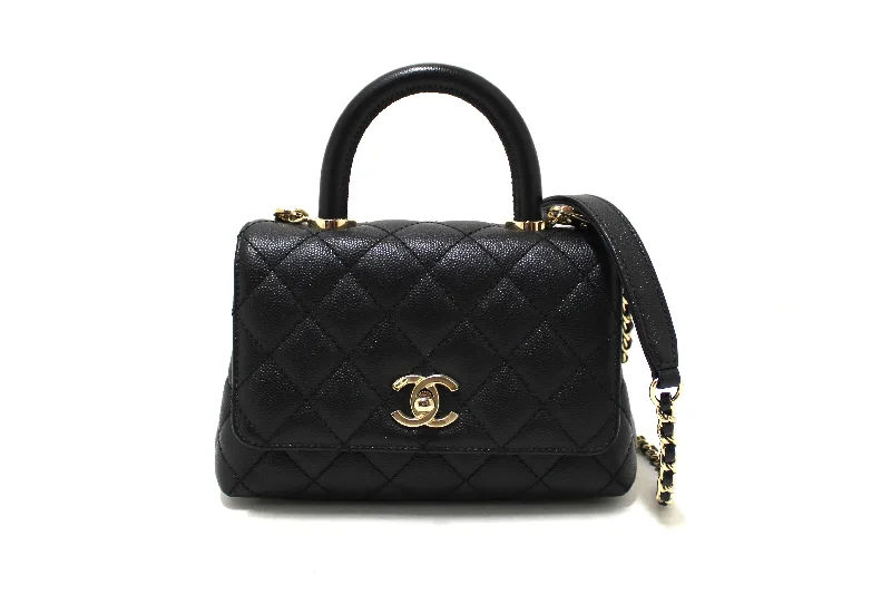 Chanel Lightweight Handbag for Daily ErrandsAuthentic Chanel Black Quilted Caviar Leather Mini Coco Handle Flap Bag