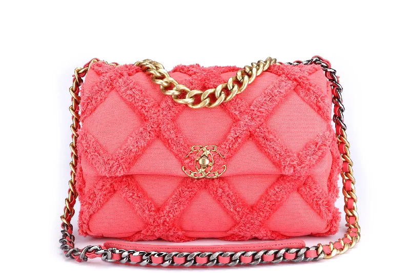 Chanel Classic Flap Bag for Evening PartyCHANEL 19 (3069xxxx) COTTON CANVAS GOLD-TONE, SILVER-TONE & RUTHENIUM METAL, CORAL COLOR, WITH CARD & DUST COVER