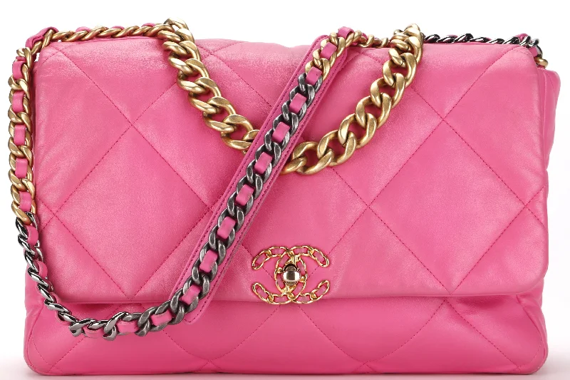 Chanel Classic Flap Bag for Evening PartyCHANEL 19 (3128xxxx) MAXI PINK LAMBSKIN MIXED HARDWARE, WITH DUST COVER & BOX, NO CARD