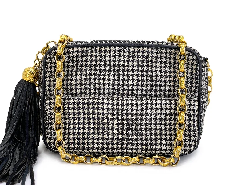 Chanel Small Crossbody Bag for TravelChanel 1991 Vintage Mini Houndstooth Camera Bag 24k GHW Black White O9N