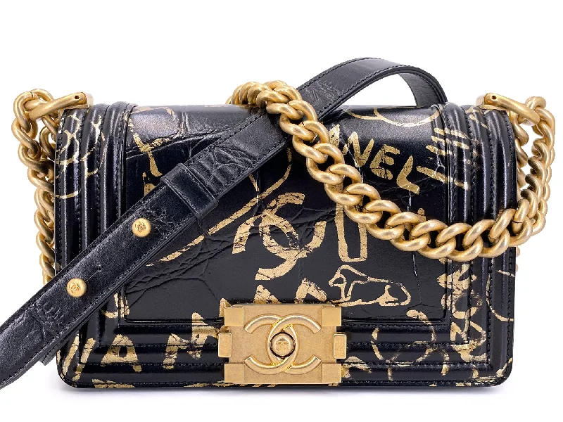 Chanel Luxury Handbag for High - End EventsChanel 19A Egypt Black Crocodile Print Graffiti Boy Bag Small GHW Paris-New York 509