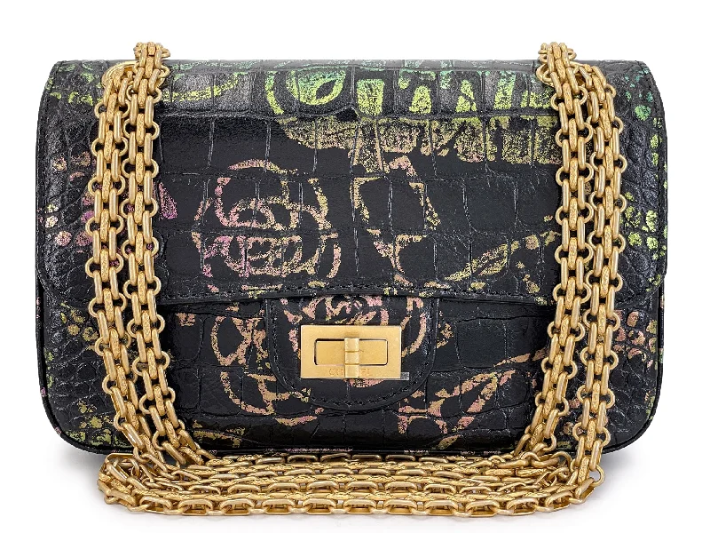 Chanel Handbag with Adjustable Strap for ComfortChanel 19A Egypt Rainbow Graffiti Croc Print Reissue Mini Flap Bag GHW Paris-New York L1K