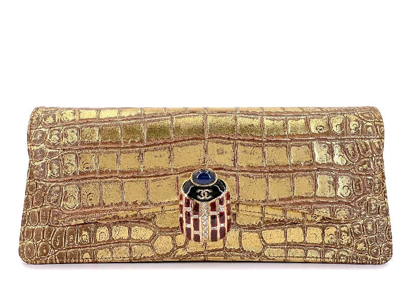 Chanel Designer Handbag with Unique DesignChanel 19A Paris-New York Egypt Scarab Gold Crocodile Print Clutch Bag TI9