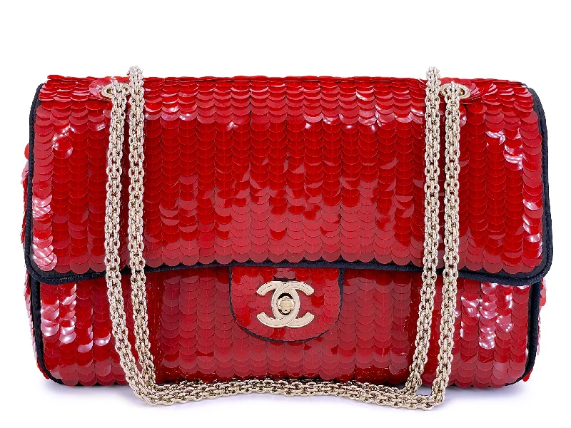 Chanel Handbag with Adjustable Strap for ComfortChanel 2010 Red Sequin Satin Paris-Shanghai Medium Flap Bag GHW 1GG