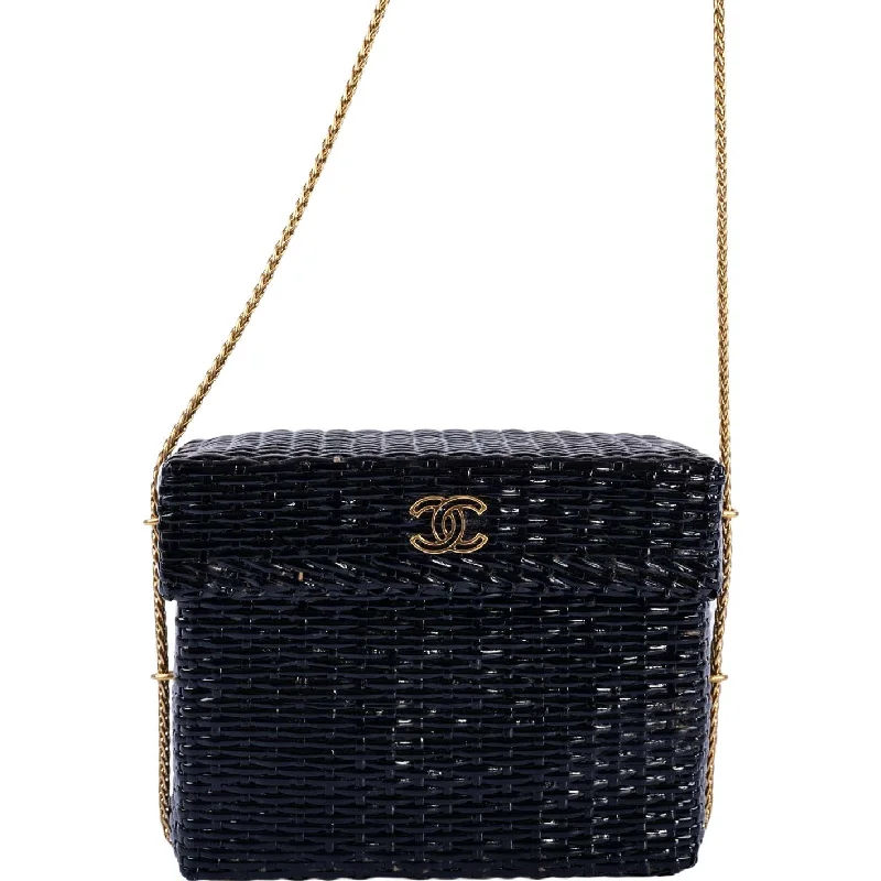 Chanel Designer Handbag with Unique DesignChanel Vintage Black Wicker CC Picnic Lunch Basket Box Bag Gold Hardware