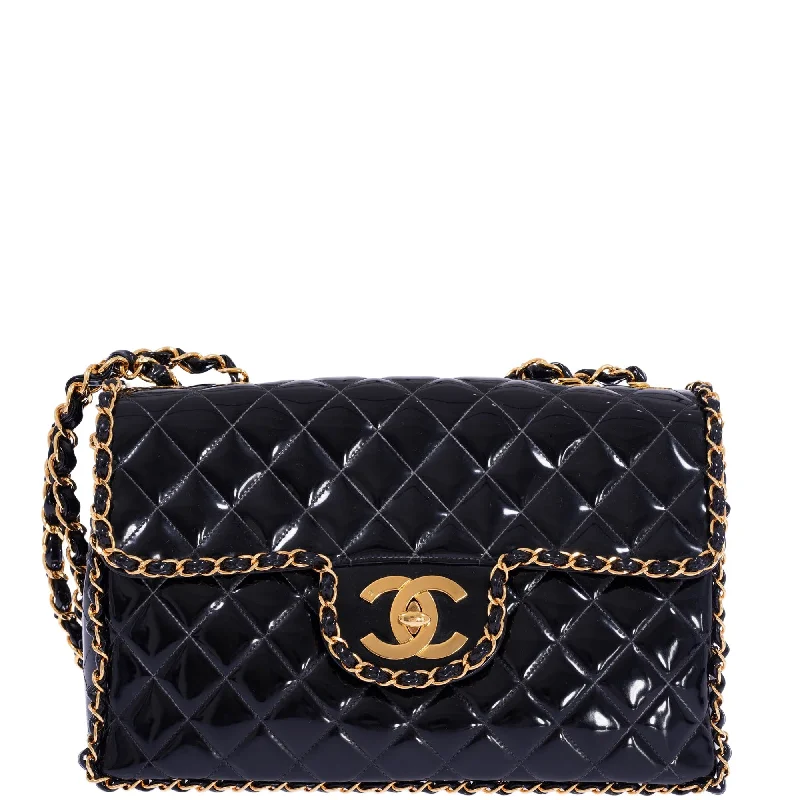 Chanel Classic Flap Bag for Evening PartyCHANEL Vintage Black Quilted Patent Leather Maxi Classic Chain Around Single Flap Gold Hardware