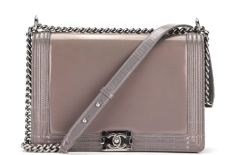 Chanel New Arrival Handbag with Gold HardwareCHANEL BOY (1643xxxx) LARGE GREY PATENT LEATHER SILVER HARDWARE, WITH CARD & DUST COVER