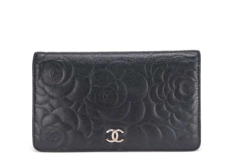 Chanel Handbag with Adjustable Strap for ComfortCHANEL CAMELLIA BLACK LAMBSKIN LEATHER LONG WALLET (1671xxxx) SILVER HARDWARE, WITH CARD & BOX