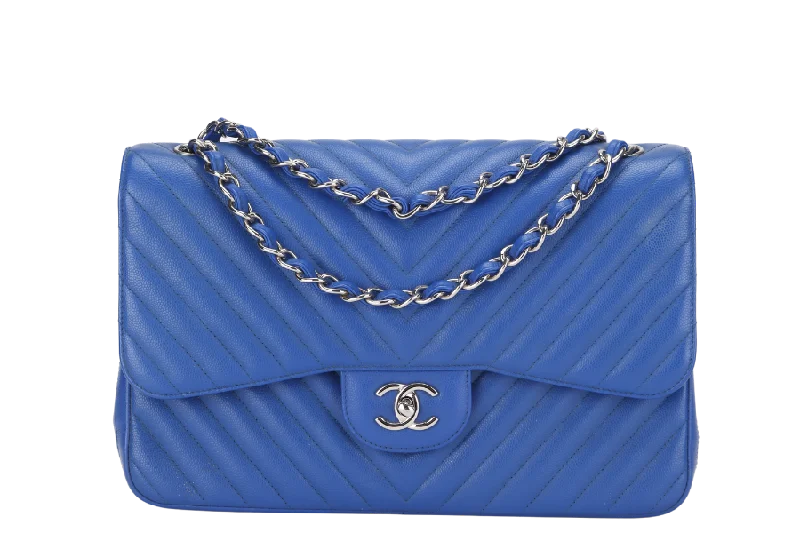 Chanel Lightweight Handbag for Daily ErrandsCHANEL CLASSIC DOUBLE FLAP (2247xxxx) JUMBO BLUE CHEVRON CAVIAR LEATHER SILVER HARDWARE, WITH DUST COVER