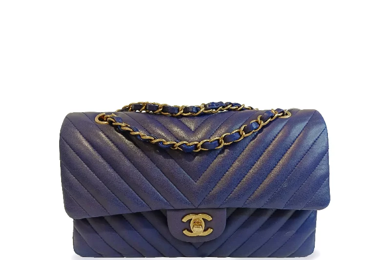 Chanel Handbag with Adjustable Strap for ComfortCHANEL CLASSIC DOUBLE FLAP (2122xxxx) MEDIUM BLUE CHEVRON LAMBSKIN GOLD HARDWARE, WITH CARD, NO DUST COVER