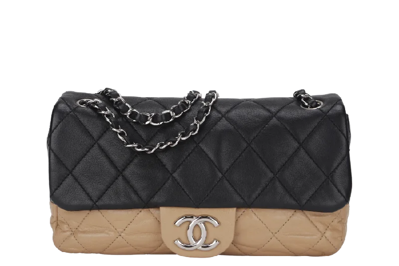 Chanel Lightweight Handbag for Daily ErrandsCHANEL CLASSIC FLAP BICOLOR (1267xxxx) MEDIUM BLACK & BEIGE LAMBSKIN SILVER HARDWARE WITH CARD, NO DUST COVER