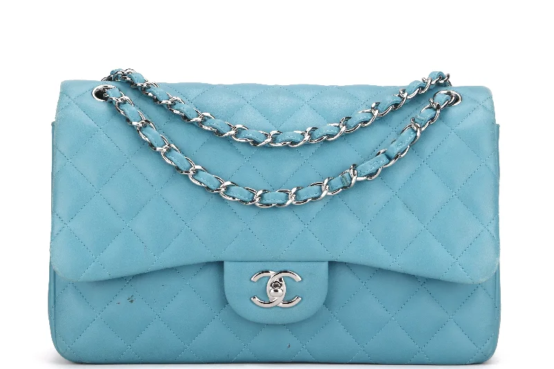 Chanel Medium Tote Bag for Office LadiesCHANEL CLASSIC FLAP (1943xxxx) JUMBO TURQUOISE COLOR LAMBSKIN SILVER HARDWARE, WITH CARD, NO DUST COVER