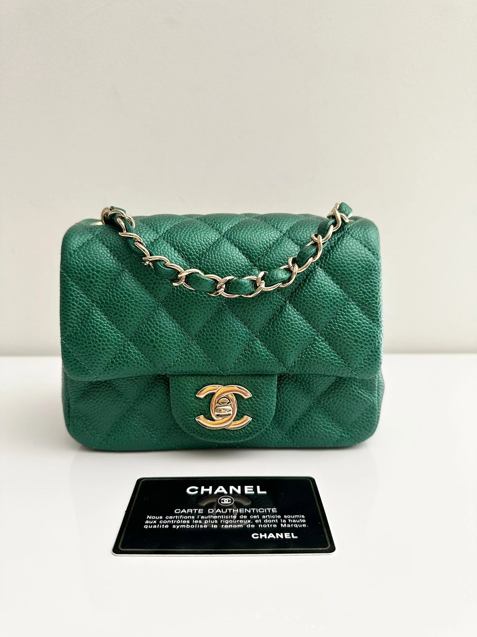 Chanel All - Match Handbag for Versatile StylingCHANEL Classic Mini Caviar Flap 18s Emerald Green Light Gold Hardware