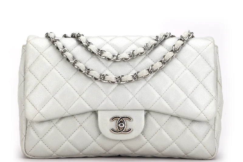 Chanel Chain Strap Handbag for Everyday UseCHANEL CLASSIC SINGLE FLAP BAG (1282xxxx) JUMBO LIGHT MINT GREEN COLOR CAVIAR LEATHER, SILVER HARDWARE, WITH CARD & DUST COVER