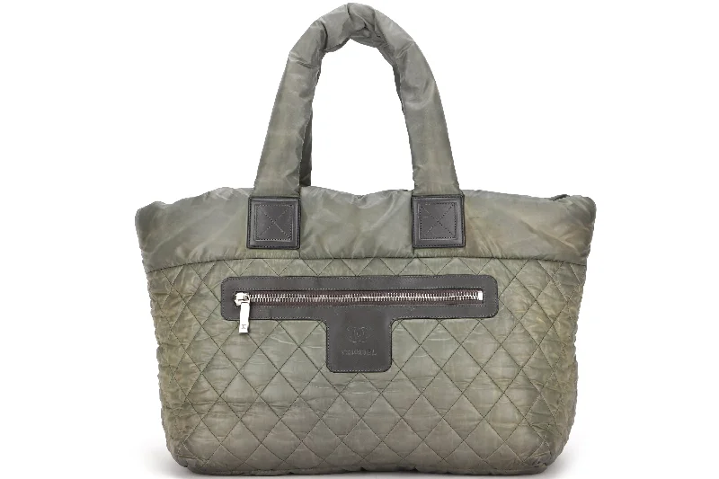 Chanel Luxury Handbag for High - End EventsCHANEL COCO COCOON REVERSIBLE TOTE BAG (1358xxxx) ARMY GREEN & GREY NYLON SILVER HARDWARE, NO CARD & DUST COVER