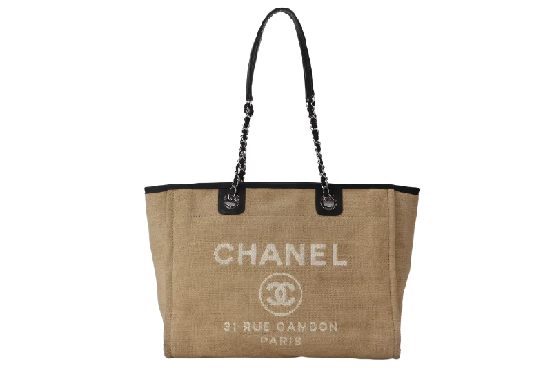 Chanel Handbag with Adjustable Strap for ComfortCHANEL DEAUVILLE MEDIUM BROWN CANVAS TOTE BAG SILVER HARDWARE (1609xxxx) WITH CARD NO DUST COVER