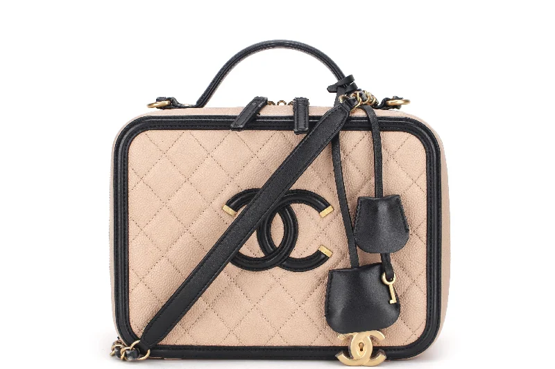 Chanel Classic Flap Bag for Evening PartyCHANEL FILIGREE VANITY CASE (2805xxxx) LARGE BEIGE & BLACK CAVIAR LEATHER, WITH CARD, LOCK, KEY & DUST COVER