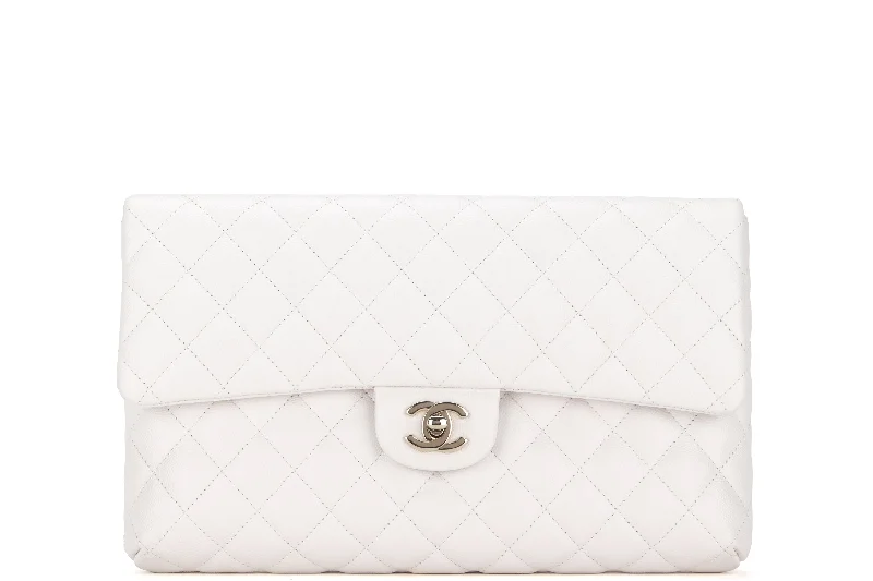 Chanel Classic Flap Bag for Evening PartyCHANEL FLAP CLUTH (2851xxxx) OFF WHITE QUILTED CAVIAR LEATHER WITH GOLD CHAIN, WITH CARD, DUST COVER & BOX