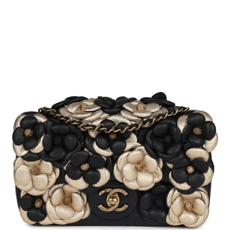 Chanel Designer Handbag with Unique DesignChanel Mini Rectangular Camellia Flap Bag Black and Metallic Gold Lambskin Antique Gold Hardware