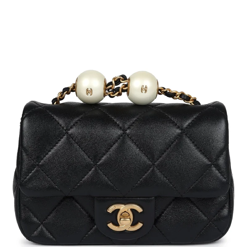 Chanel Small Crossbody Bag for TravelChanel Mini Square Pearl Flap Bag Black Lambskin Brushed Gold Hardware