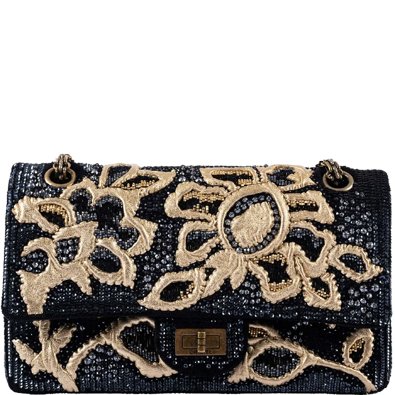 Chanel All - Match Handbag for Versatile StylingChanel Exquisite 2.55 Reissue Medium Double Flap Gold and Black Embroidered Sequins and Lambskin on Velvet