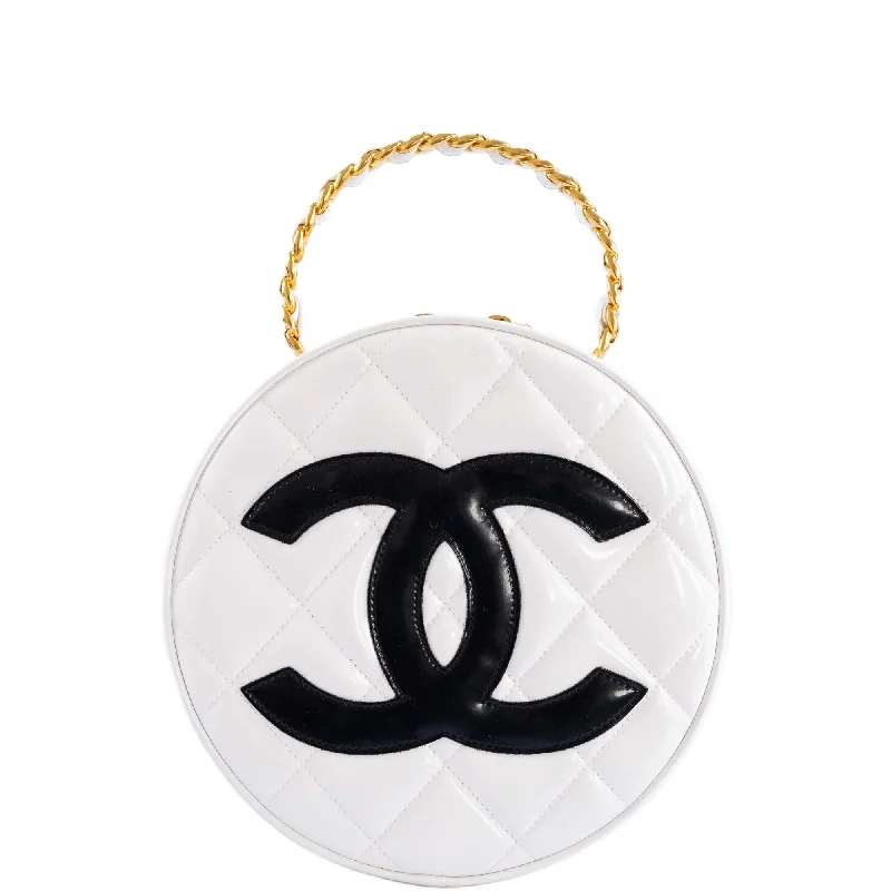 Chanel Small Crossbody Bag for TravelChanel Round CC Vanity White and Black Patent Leather Gold Hardware