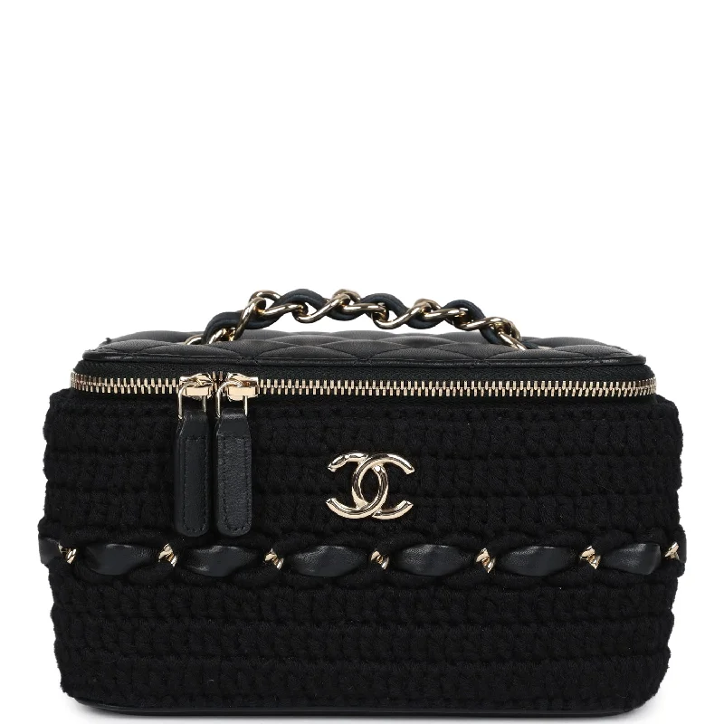 Chanel Handbag with Adjustable Strap for ComfortChanel Small Vanity Case Black Crochet and Lambskin Light Gold Hardware