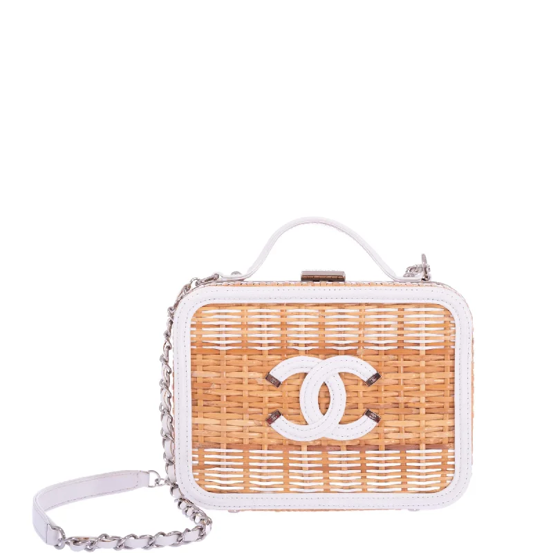 Chanel Handbag with Adjustable Strap for ComfortChanel Vanity Case Beige & White, Rattan, Patent Calfskin & Silver-Tone Metal