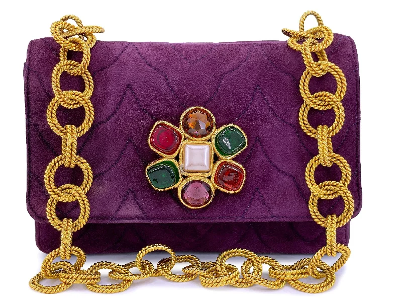 Chanel Designer Handbag with Unique DesignChanel Vintage Jeweled Gripoix Flap Bag 1991 Purple Quilted Suede 24k GHW 58R