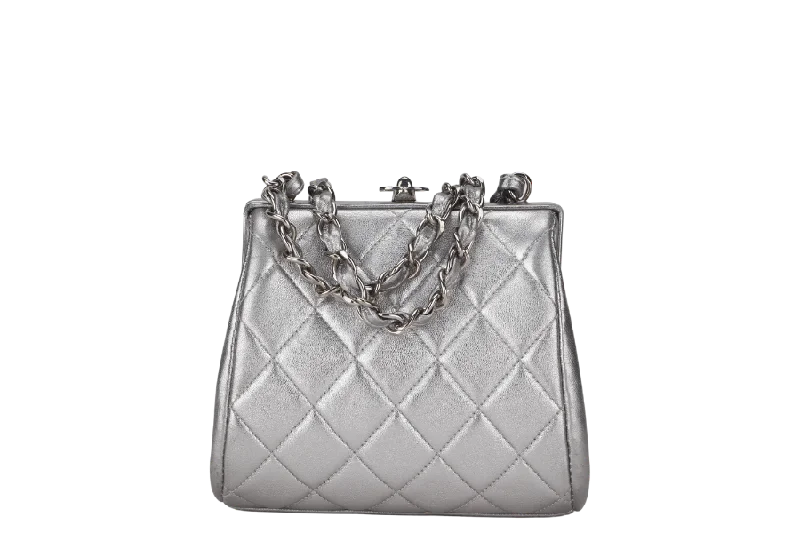 Chanel Classic Flap Bag for Evening PartyCHANEL VINTAGE TIMELESS FRAME BAG MINI QUILTED SILVER METALLIC LAMBSKIN SILVER HARDWARE (458xxxx)