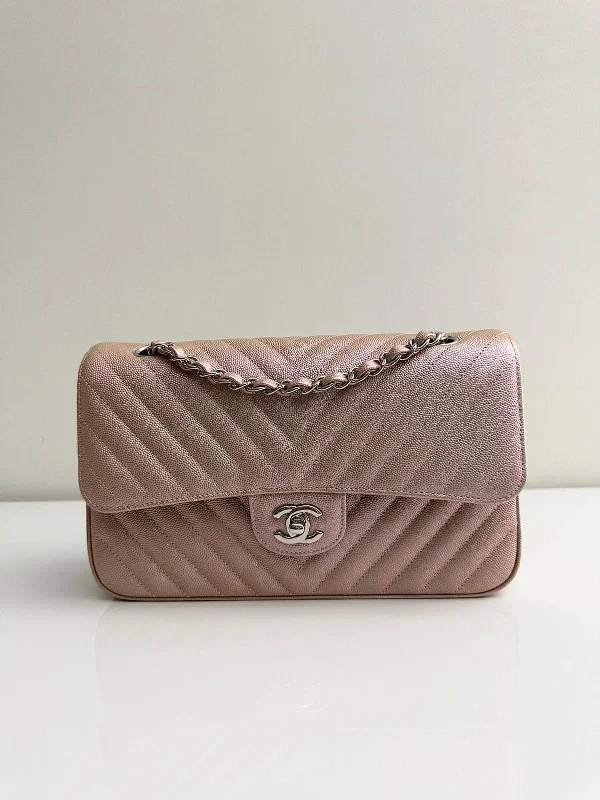 Chanel New Arrival Handbag with Gold HardwareCHANEL Metallic Caviar Chevron Quilted Medium Double Flap Light Gold