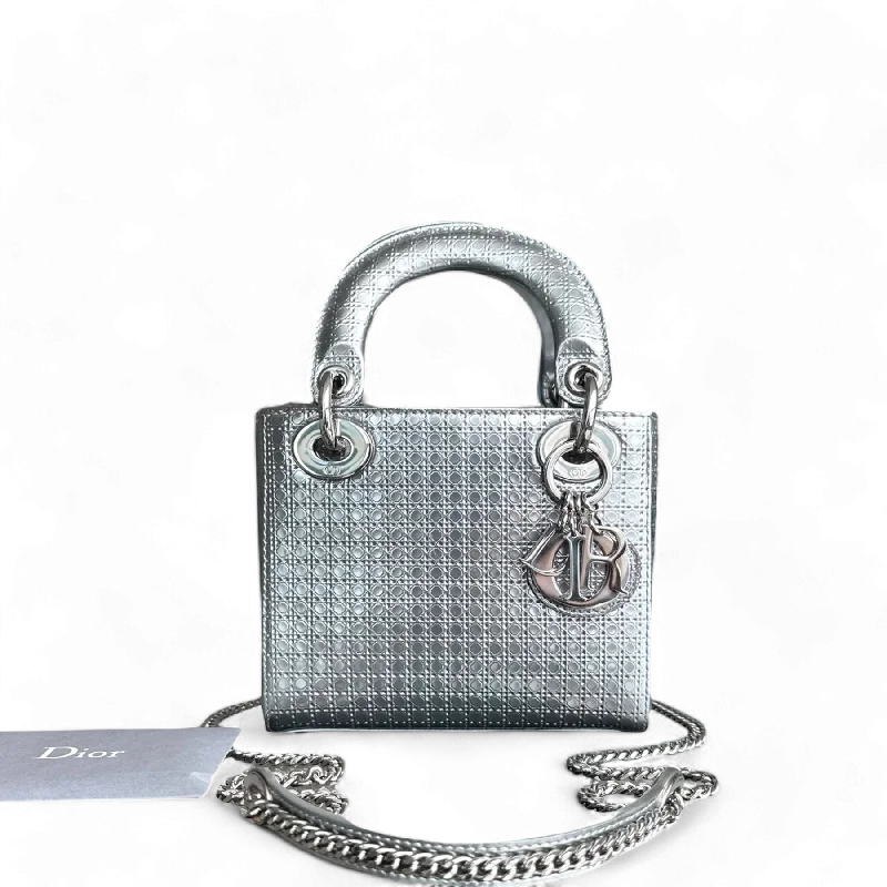 Christian Dior bags with a zip - top closure and multiple compartments*Chain Strap* Dior Lady Mini - Metallic Micro-Cannage Silver Limited Edition SHW