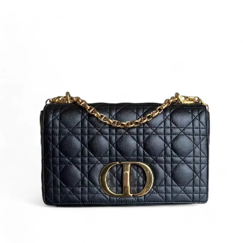 Christian Dior handbags with a detachable mirror for on - the - go touch - upsDior Caro Medium - Cannage Grained Calfskin Black Gold Hardware