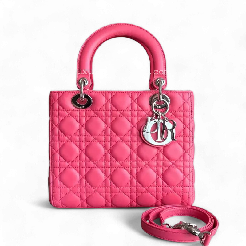 Trendsetting Christian Dior crossbody bags with a colorful strapDior Lady Medium - Cannage Lambskin Hot Pink Handbag Silver Hardware