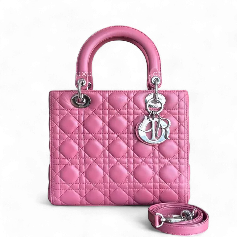 Christian Dior bags with a detachable coin purse insideDior Lady Medium - Cannage Lambskin Pink Silver Hardware