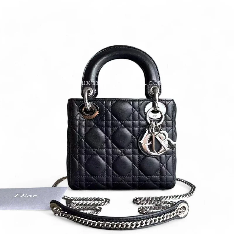 Fashion - forward Christian Dior tote bags for the modern womanDior Lady Mini - Cannage Lambskin Black Silver Hardware Chain Strap