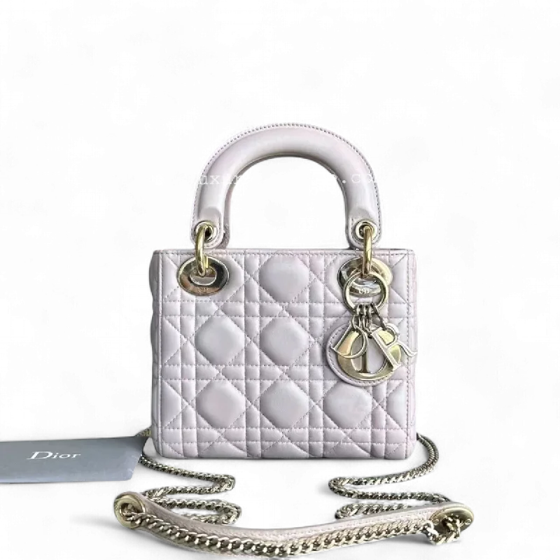 Christian Dior bags with a detachable coin purse insideDior Lady Mini - Cannage Lambskin Light Sakura Pink Gold Hardware Chain Strap