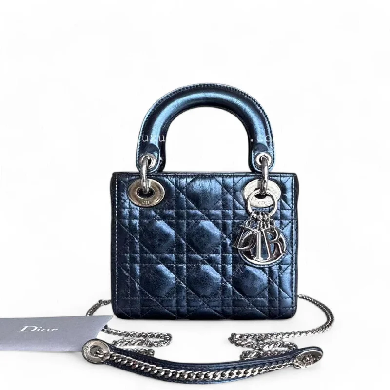 Stylish Christian Dior shoulder bags with a tassel - adorned zipperDior Lady Mini - Glazed Calfskin Metallic Blue Silver Palladium Hardware