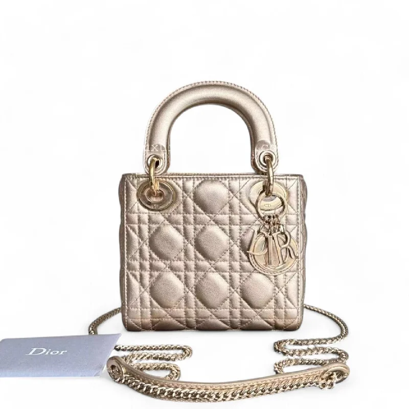 High - fashion Christian Dior bags with a geometric patternDior Lady Mini - Lambskin Metallic Cannage Gold Hardware