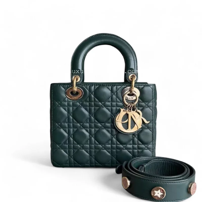 Contemporary Christian Dior handbags with a unique shapeDior Lady Small - Cannage Lambskin Dark Green Gold hardware