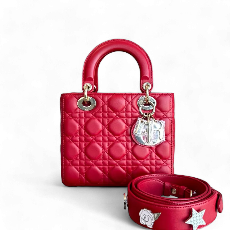 Christian Dior handbags with a removable shoulder strap for versatilityDior Lady Small Cannage Lambskin Red Golden Hardware