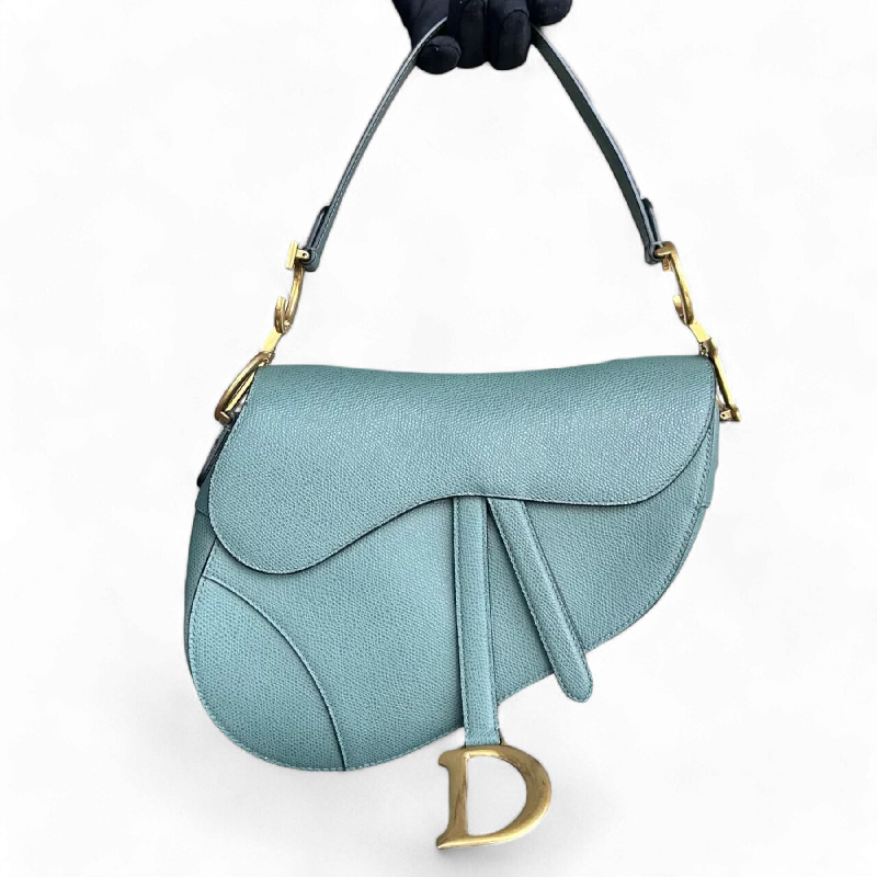 Christian Dior Saddle bags with a distressed leather finishDior Saddle Medium - Grained Calfskin 25CM Haze Green Golden Hardware