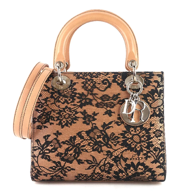 Christian Dior bags with a zip - top closure and multiple compartmentsLady Dior Medium Lambskin and Floral Lace Handbag