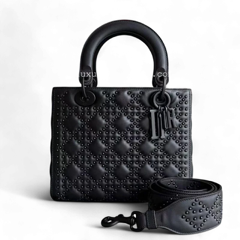 Trendsetting Christian Dior crossbody bags with a colorful strap*Flap Open* Lady All Black Medium Studded Cannage Black Hardware