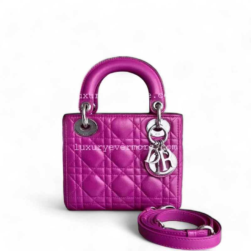 High - fashion Christian Dior bags with a geometric pattern*Full Set Receipt* Dior Lady Mini Cannage Lambskin Purple Violet Silver Hardware Adjustbale Strap