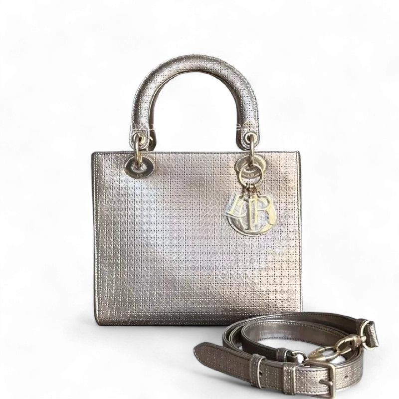 High - fashion Christian Dior bags with a geometric patternDior Lady Medium Bag - Metallic Micro Cannage Calfskin Gold Golden Hardware