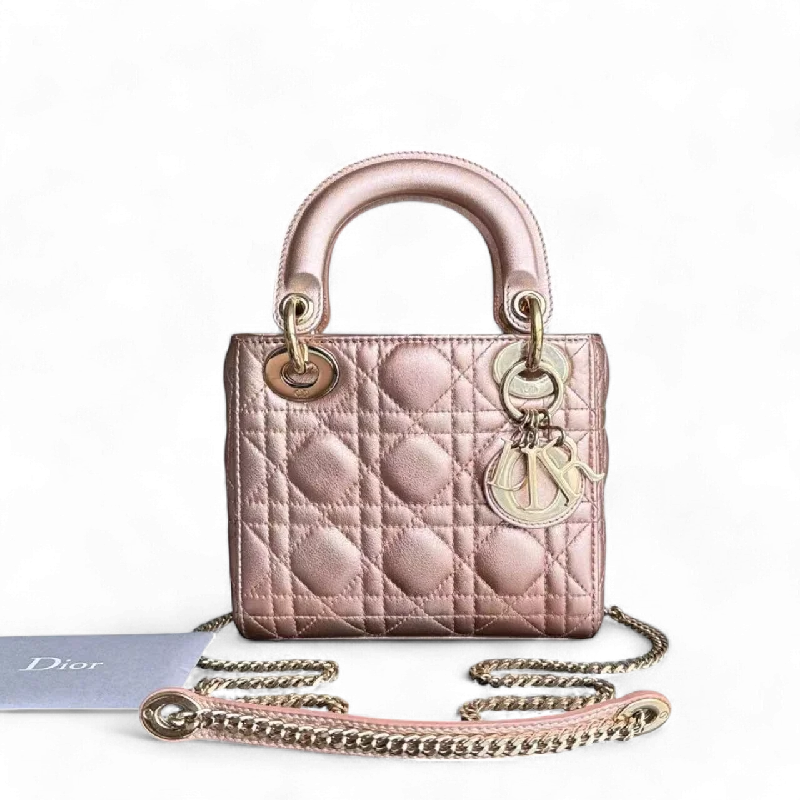 Christian Dior tote bags with a double - handle and shoulder - strap optionLady Mini Cannage Lambskin Metallic Pink Golden Hardware