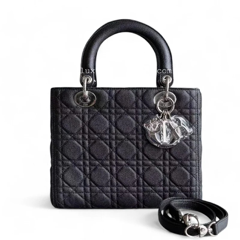 High - fashion Christian Dior bags with a geometric pattern*Rare Caviar* Dior Lady Medium - Grained Calfskin Cannage Black Silver Hardware