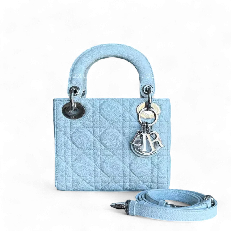 Christian Dior handbags with a snap - button closure and a decorative buckle*Rare Caviar* Dior Lady Mini - Cannage Grained Calfskin Glacier White Ice Blue Silver Hardware Adjustable Strap